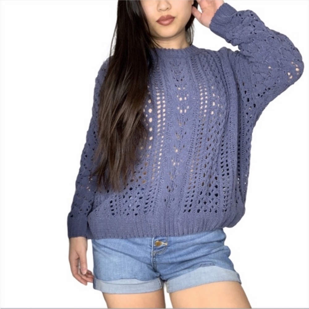 KENDALL & KYLIE DENIM Purple BLUE CREW NECK Chic Knit CROP Sweater M